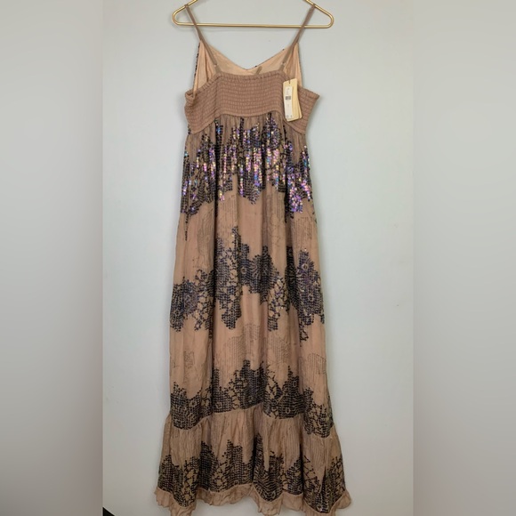 NWT Anthropologie Let Me Be Sz Small Deep-V Neck Sequin Smocked Long Maxi Dress - Picture 8 of 12